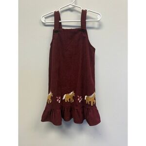 Rare Editions Girls Burgundy Corduroy Horse Embroidered Ruffle Jumper Dress 4T